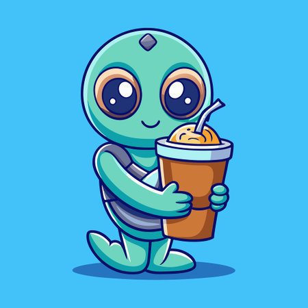 Adorable Alien with Coffee Cup Embracing Warmly for Cartoon Icon or Illustrationのイラスト素材