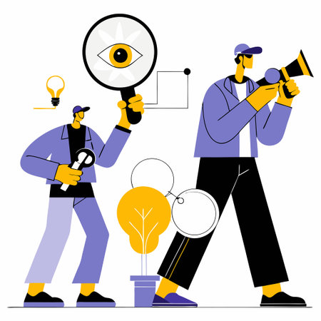 Man with Magnifying Glass and Binoculars Inspecting Detailsのイラスト素材