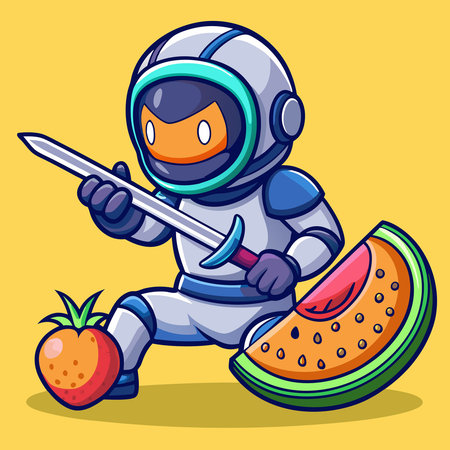 Adorable Ninja Astronaut Defends Against Fruit Attack with Katana Swordのイラスト素材