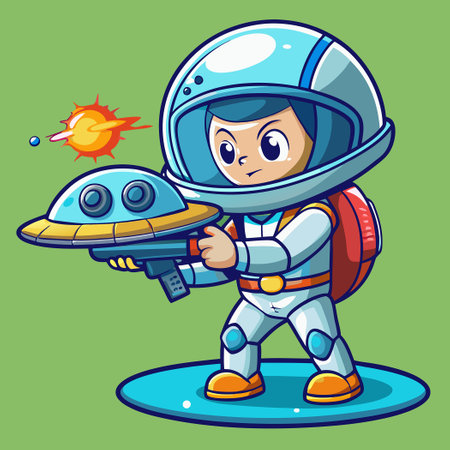 Cute Astronaut Conquers Damaged UFO with Space Blasterのイラスト素材