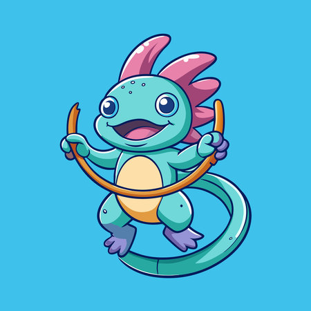 Cartoon Vector Icon of an Adorable Axolotl Enjoying a Hula Hoopのイラスト素材