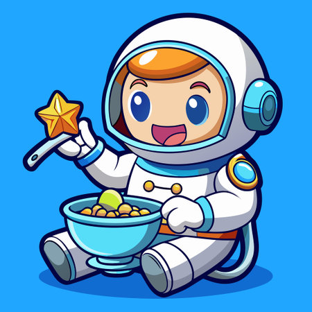 Adorable Baby Astronaut Delights in Eating Stars with a Spoonのイラスト素材