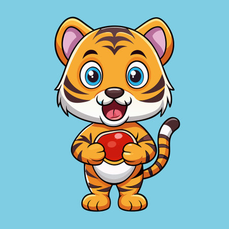 Adorable Cartoon Baby Tiger Tightly Gripping a Juicy Steakのイラスト素材