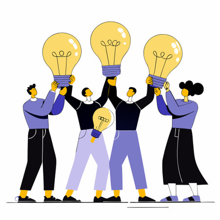 A Group of Characters Hold an Illuminated Light Bulb in Collaborative Joyのイラスト素材