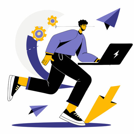 Determined Businessman Sprints Forward with Direction Guided by Arrow Vectorのイラスト素材