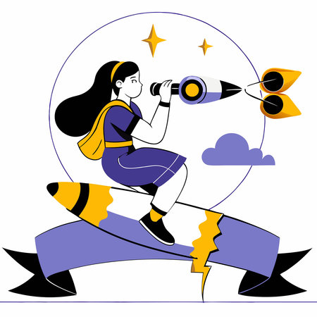 Soaring Through Space: Young Girl Explores the Stars on a Rocket Adventureのイラスト素材