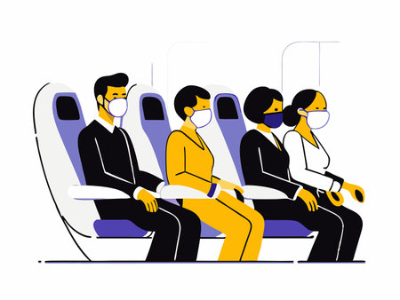 Passengers Wearing Protective Masks on an Airplane Interiorのイラスト素材