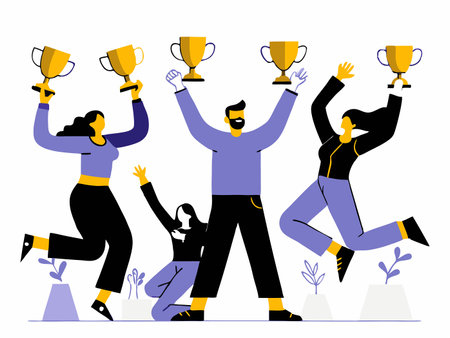 Joyous Victory Celebration: People Leaping with Trophies in Handのイラスト素材