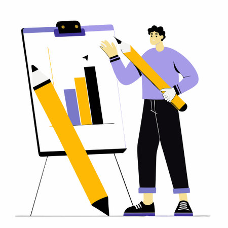 Creative Young Man Sketching Ideas on a Flip Chartのイラスト素材