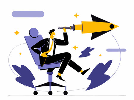 Businessman with Telescope Soars Through Space on Rocket Adventureのイラスト素材
