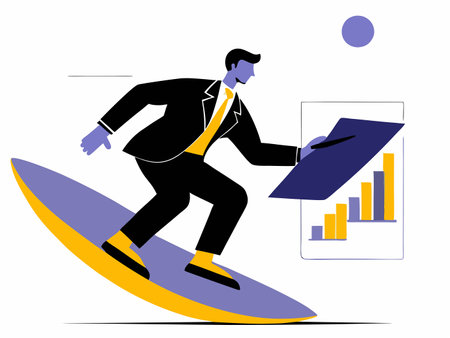 Business Executive Reviewing Important Documents on Surfboardのイラスト素材