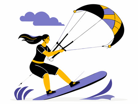 Female Kitesurfer Navigates Ocean Waves in Exhilarating Setのイラスト素材