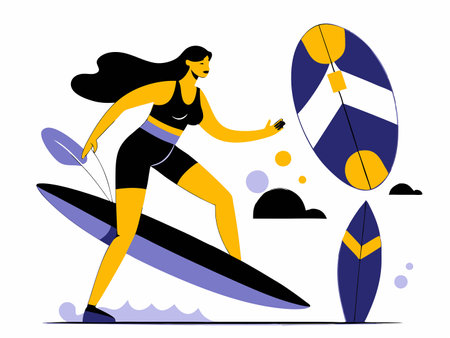 Female Surfer Catching Waves in a Vector Illustrationのイラスト素材