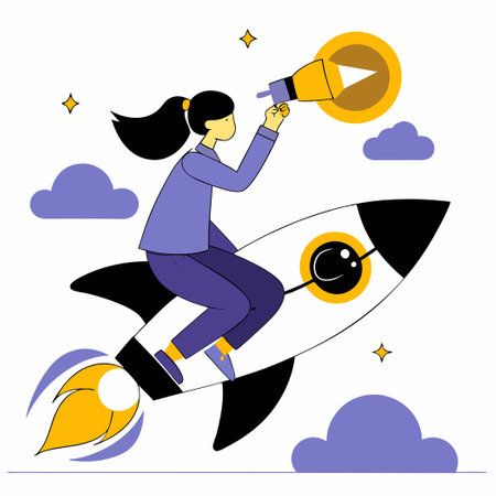 Girl Soaring Through Space on Rocket Propelled by Imaginationのイラスト素材