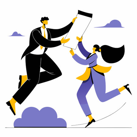 Business Professionals Collaborate Mid-Flight While Reviewing Corporate Documentsのイラスト素材