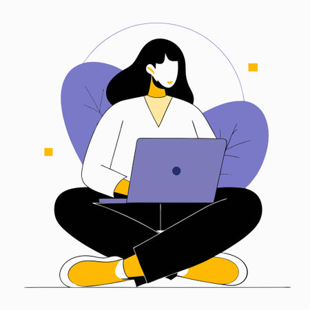 Freelancer Woman Working on Laptop in Modern Office Interiorのイラスト素材