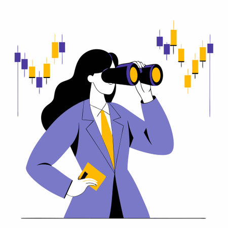 Businesswoman with Binoculars Scouting for Success in Business Landscapeのイラスト素材