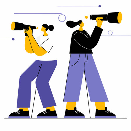 Curious Characters in Casual Attire Gaze Through a Telescope, Seeking Distant Wondersのイラスト素材
