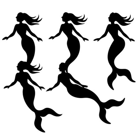 Enchanting Silhouette of Six Mermaids Gliding through Azure Watersのイラスト素材