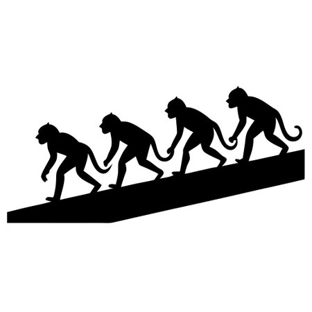 Set of Six Monkeys Walking Silhouetted Against the Setting Sunのイラスト素材