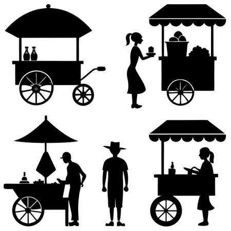 Set of Six Detailed Silhouettes of Street Food Vendors on the Moveのイラスト素材
