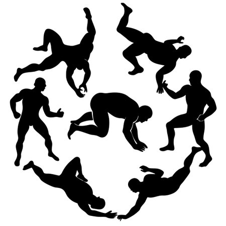 Grappling Silhouettes: Six Wrestlers Engaged in Dynamic Combatのイラスト素材