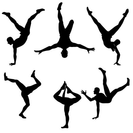 Set of 6 Dynamic Silhouettes of Stuntmen Performing Gravity-Defying Stuntsのイラスト素材