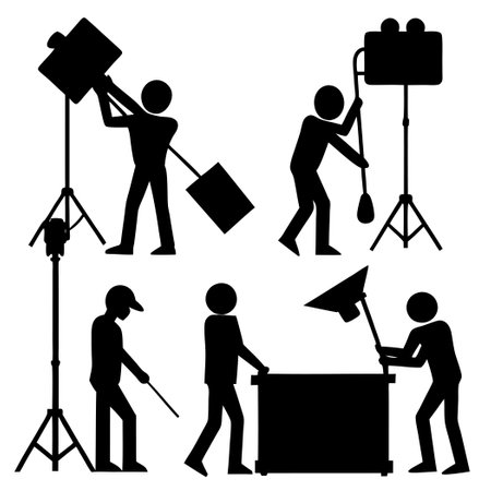 Dynamic Silhouettes of Stagehands Working Together to Move Equipmentのイラスト素材