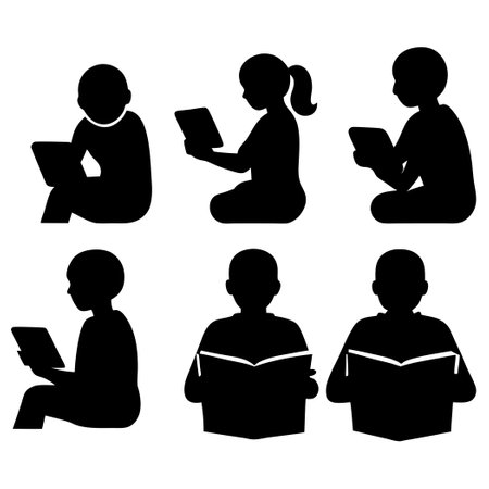 Six Silhouettes of Students Hard at Work in a Study Sessionのイラスト素材