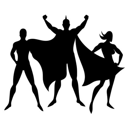 Enigmatic Silhouettes of Caped Superheroes Strike Dynamic Posesのイラスト素材