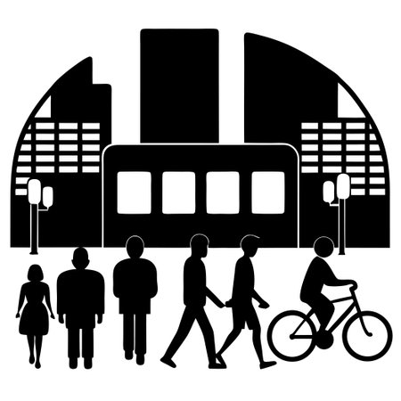 Urban Commuters Silhouettes Against Modern Buildings and City Skylineのイラスト素材