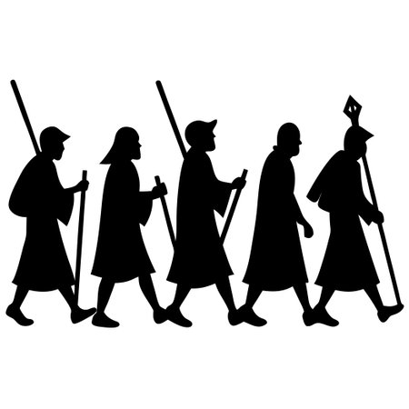 Silhouette of a Group of Six Pilgrims Embarking on a Sacred Journeyのイラスト素材