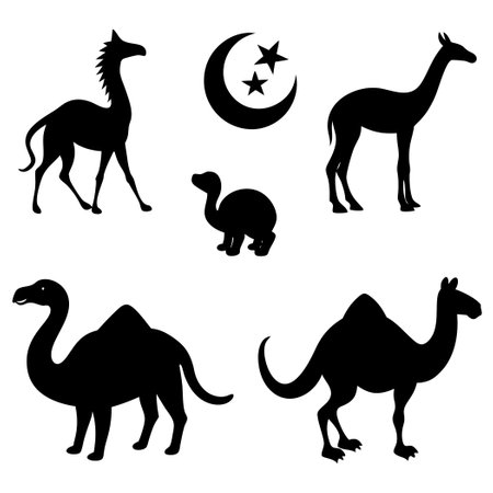 Silhouette Set of Six Desert Animals: Camels, Lizards, Snakes, and Scorpionsのイラスト素材
