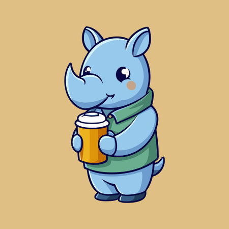 Adorable Rhino and Coffee Cup Embrace Vector Cartoon Icon Illustrationのイラスト素材