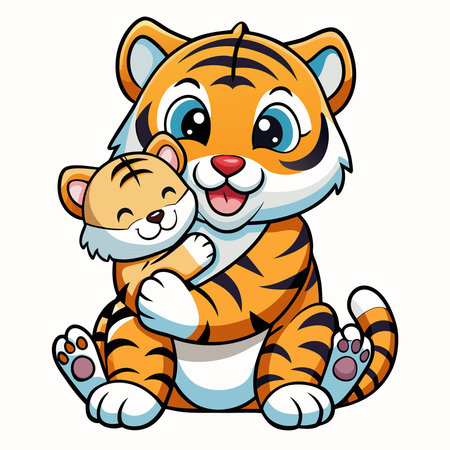 Enchanting Cuddling Moment: Cute Tiger Embracing a Baby Tiger with Passionのイラスト素材