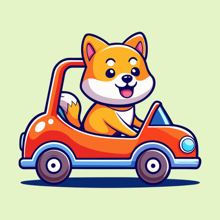Adorable Cartoon Shiba Inu Dog Riding a Car with Delightのイラスト素材