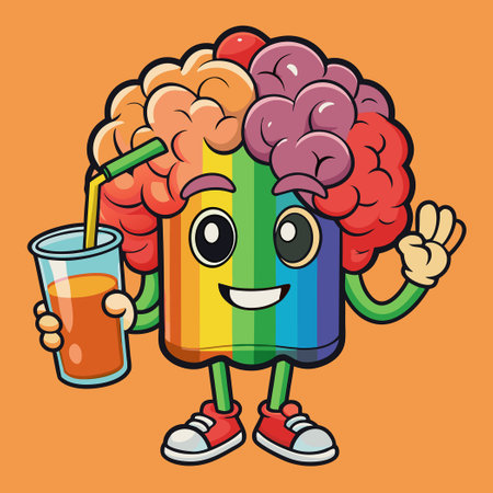 Whimsical and Vibrant Brain-Shaped Juice with a Rainbow Burstのイラスト素材