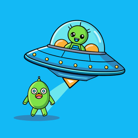 Animated Alien Piloting a Cartoonish Flying Saucer in the Cosmosのイラスト素材
