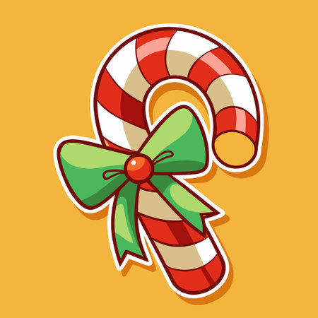 Cartoon Candy Cane Sticker with a Festive Bow and Candy Swirlsのイラスト素材