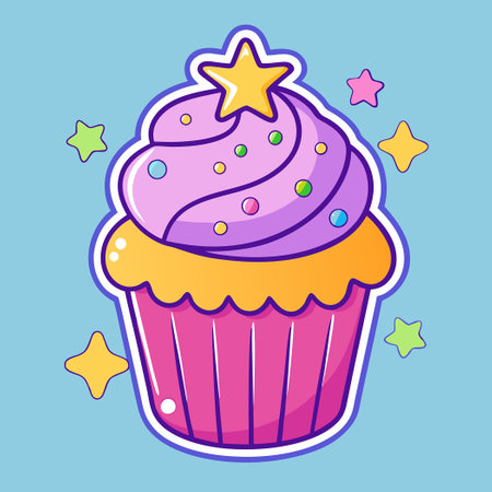 Enchanting Cartoon Cupcake Adorned with Twinkling Celestial Delightsのイラスト素材