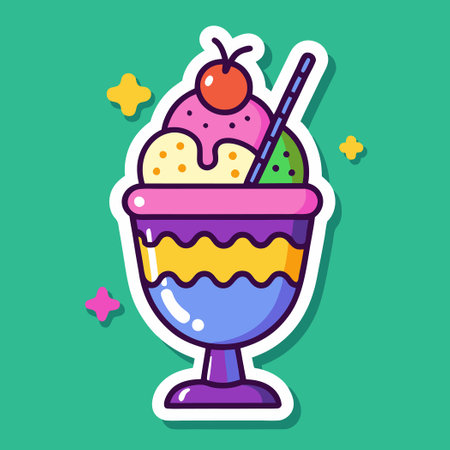 Vibrant Cartoon Sticker Depicting a Scrumptious Multicolored Ice Cream Sundaeのイラスト素材