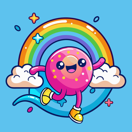 Animated Sticker of a Jubilant Donut Leaping Over a Colorful Rainbowのイラスト素材