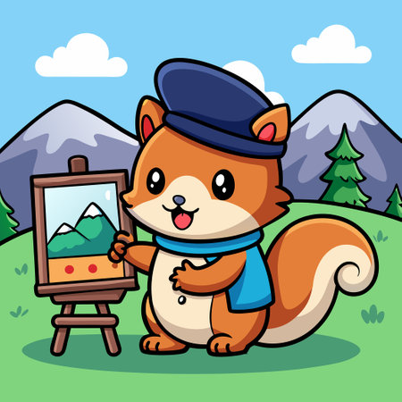 Quirky Cartoon Sticker of an Adorable Squirrel Sporting a Beretのイラスト素材