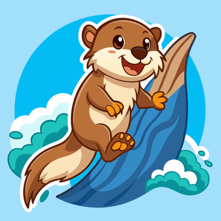 Animated Playful Otter Sliding Down a Waterslide Cartoon Stickerのイラスト素材