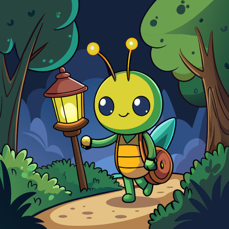 Cartoon Firefly Illuminating a Dark Forest with Magical Glowのイラスト素材