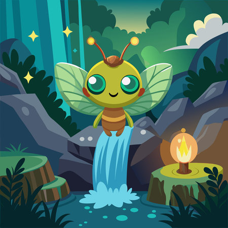 Glowing Firefly Cartoon Sticker Lighting Up a Waterfall at Nightのイラスト素材