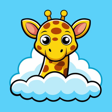 Cartoon Giraffe Peeking Playfully over a Fluffy Cloudのイラスト素材