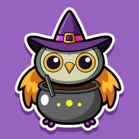 Enchanting Baby Owl Halloween Sticker Adorned with a Witch's Hatのイラスト素材