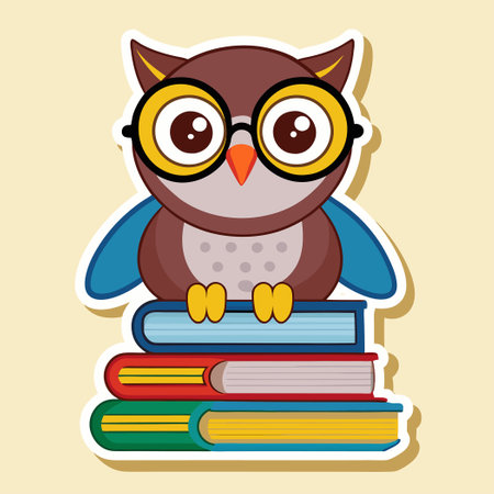 Cute and Curious Owl Perched Atop a Towering Stack of Booksのイラスト素材
