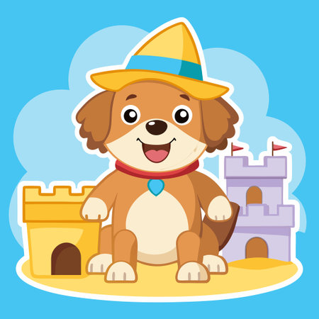 Adorable Sticker of a Happy Dog in a Beach Hat and Sunglassesのイラスト素材